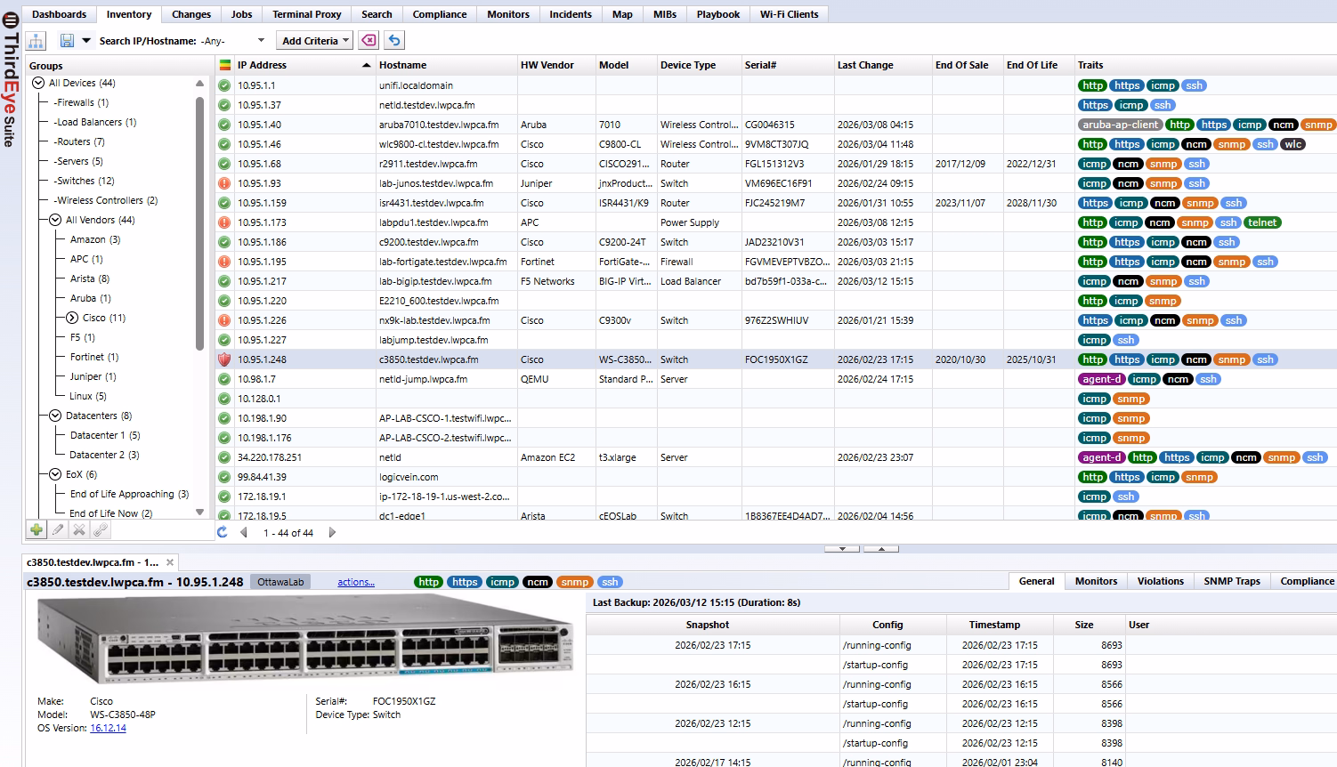 LogicVein device inventory view showing multi-vendor device list with IP, platform, and status columns